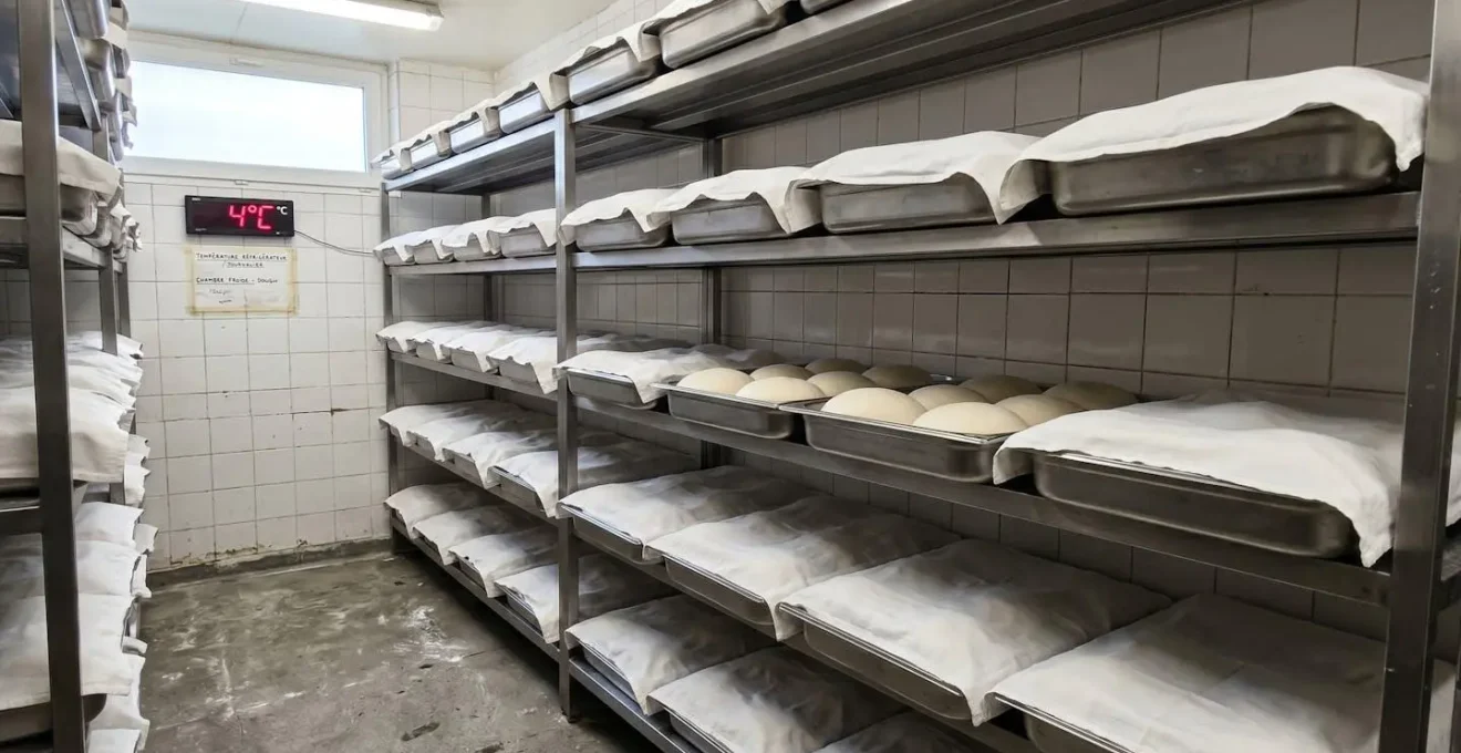 Bacs de fermentation en acier inoxydable contenant des pâtons de pizza recouverts de linges blancs dans une chambre froide professionnelle