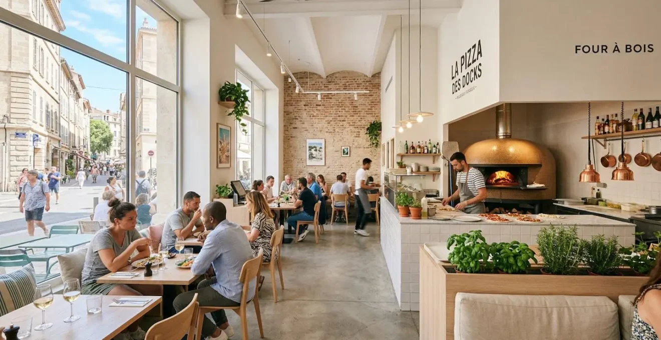 Intérieur lumineux d'une pizzeria marseillaise moderne avec four à pizza visible et larges fenêtres