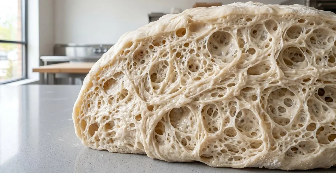 Gros plan sur la texture alvéolée d'une pâte à pizza artisanale montrant de nombreuses bulles d'air irrégulières