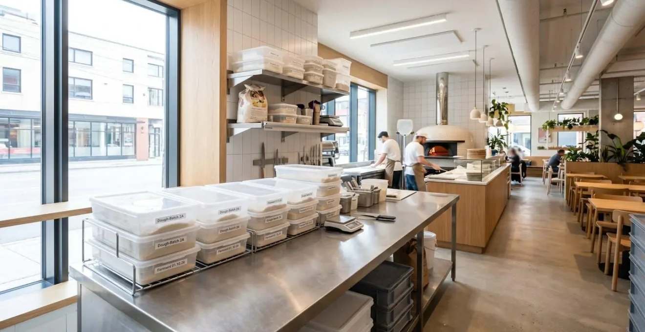 Vue grand angle d'un intérieur de pizzeria contemporaine montrant des conteneurs de fermentation de pâte sur le comptoir, baigné de lumière naturelle