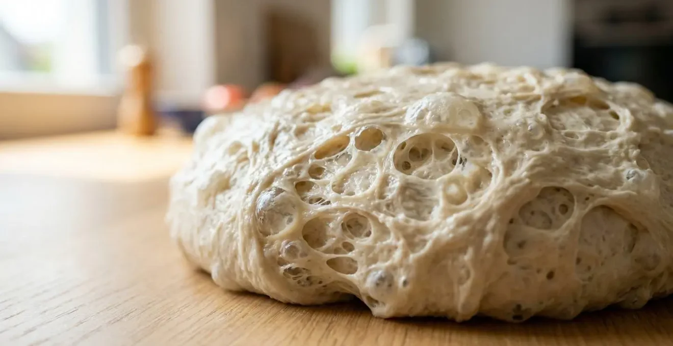 Gros plan sur la mie alvéolée d'une pâte à pizza artisanale révélant de larges bulles irrégulières