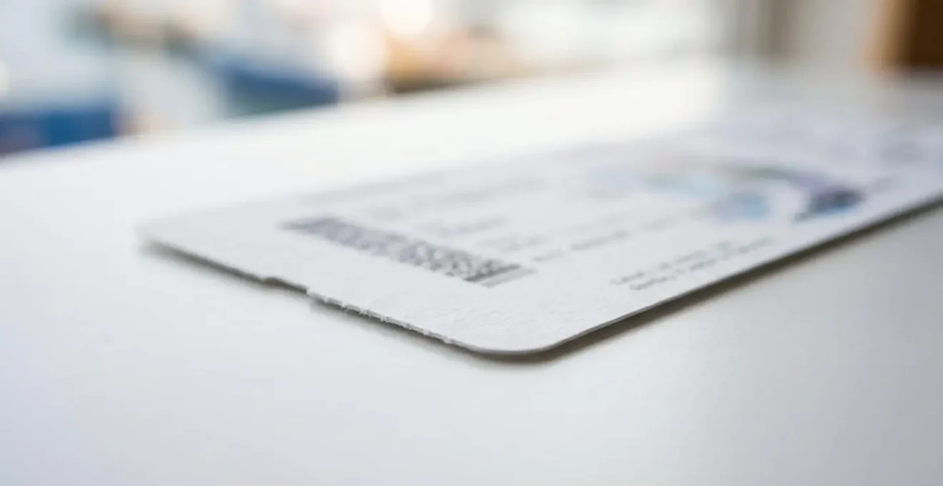 Gros plan d'un billet d'embarquement ferry posé sur une surface blanche épurée avec flou artistique en arrière-plan