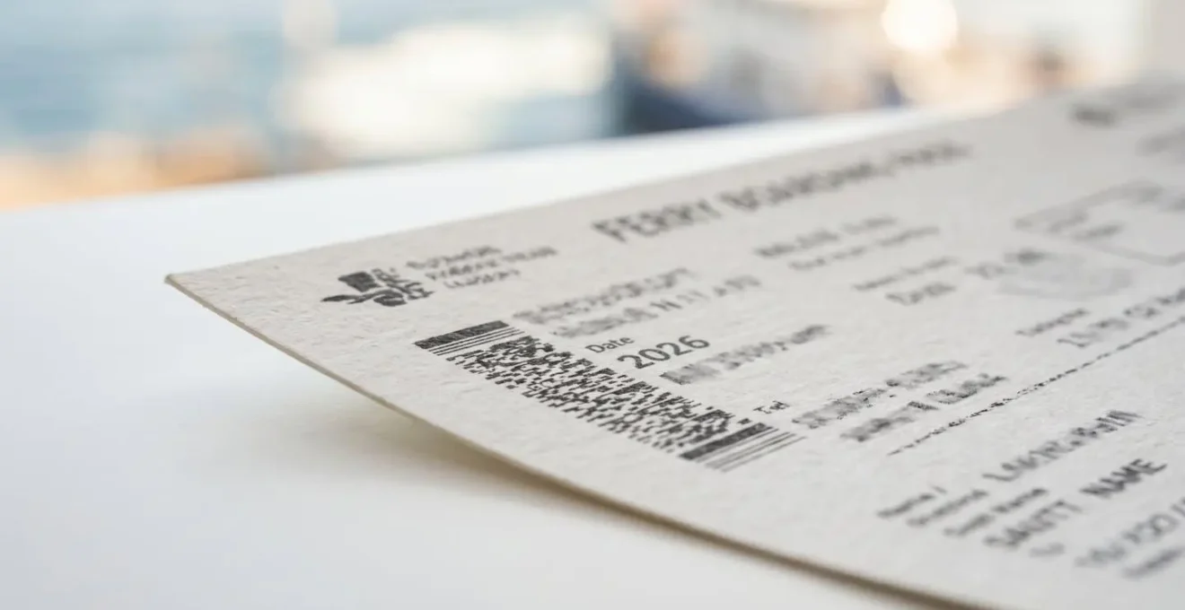 Gros plan d'un billet d'embarquement ferry posé sur une surface blanche épurée avec flou artistique en arrière-plan