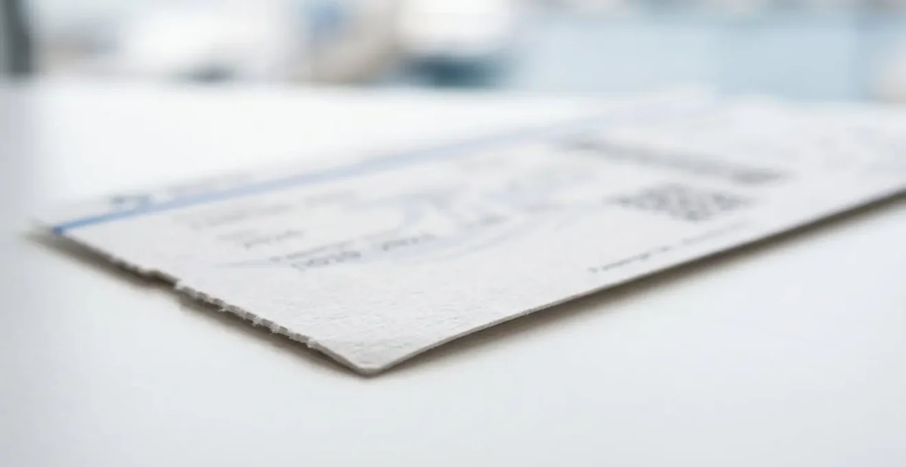 Gros plan d'un billet d'embarquement ferry posé sur une surface blanche épurée avec flou artistique en arrière-plan