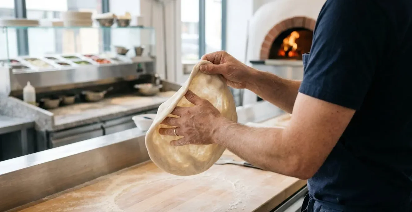 Mains d'un pizzaiolo étirant avec précision une pâte à pizza sur un plan de travail
