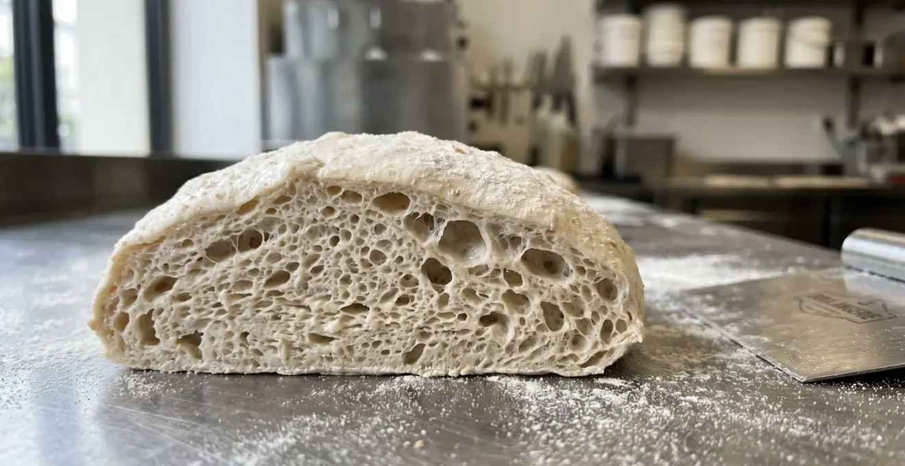 Gros plan sur une pâte à pizza fermentée révélant une structure alvéolée en nid d'abeille avec de nombreuses bulles d'air