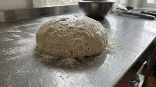 Gros plan sur une pâte à pizza fermentée révélant une structure alvéolée en nid d'abeille avec de nombreuses bulles d'air