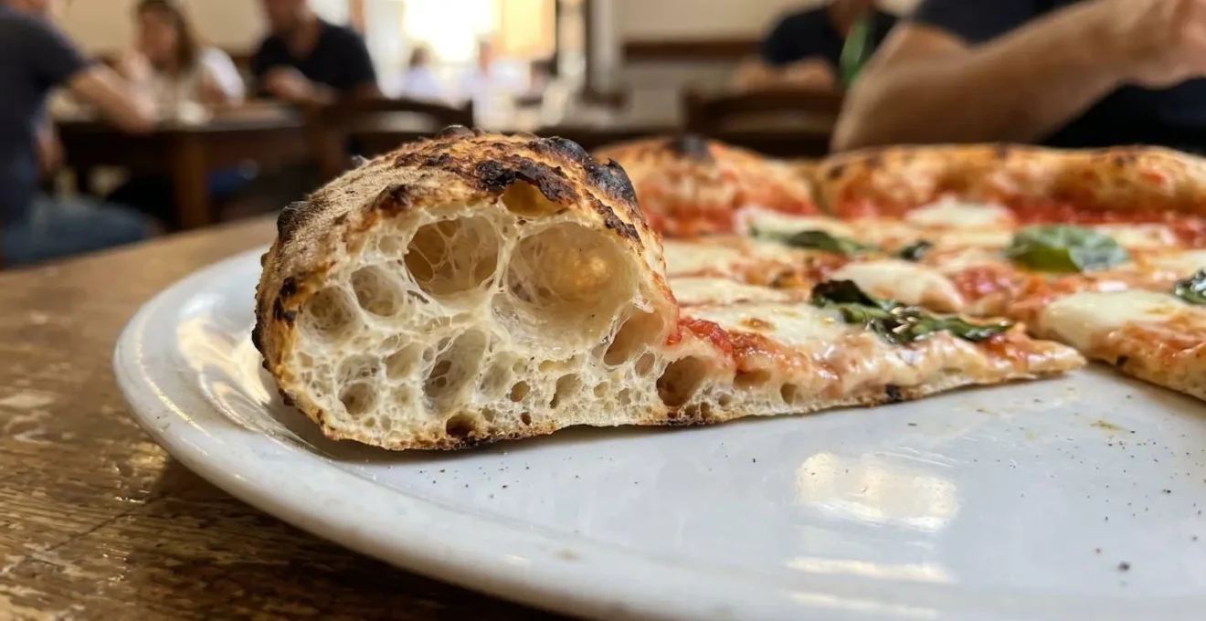 Coupe transversale d'une croûte de pizza napolitaine révélant de grandes alvéoles irrégulières caractéristiques d'une fermentation longue