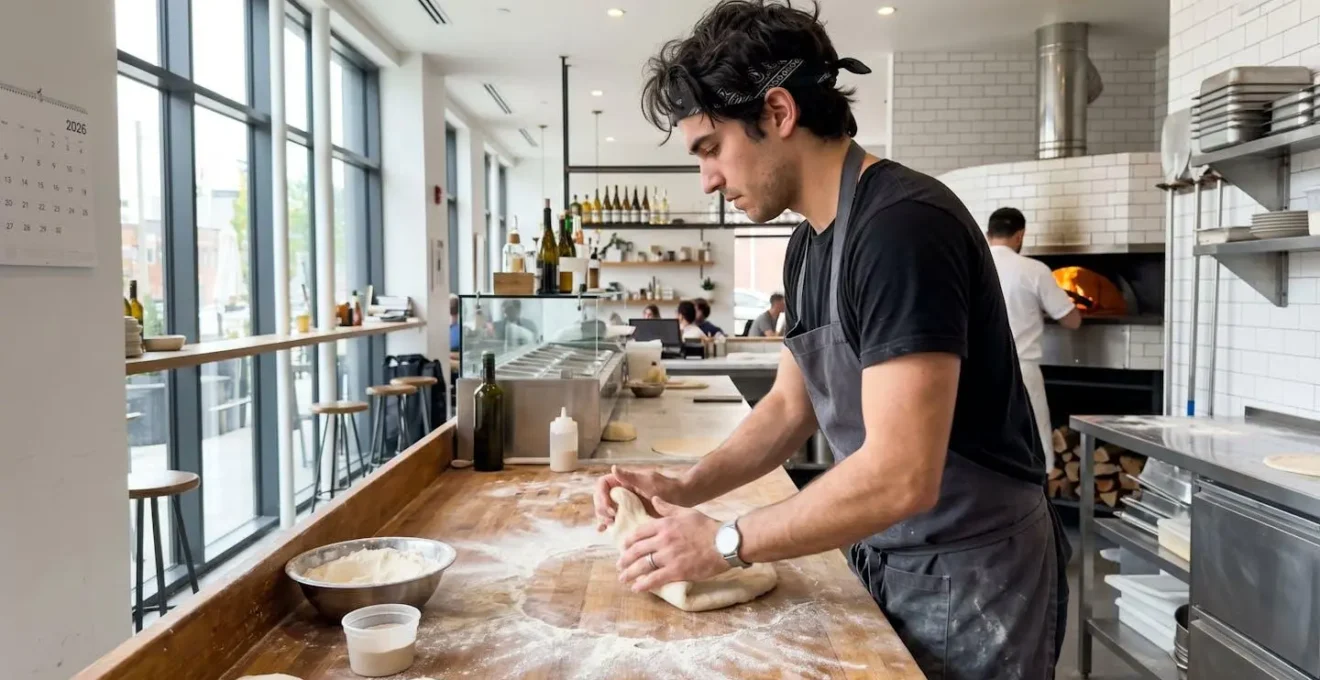 Mains d'un artisan pizzaiolo pétrissant une pâte à pizza sur un plan de travail en bois dans un atelier moderne