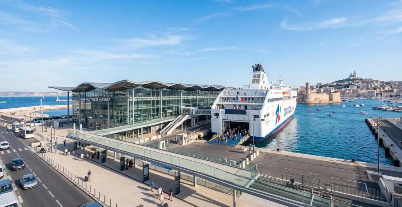 Port maritime méditerranéen contemporain avec un grand ferry blanc amarré sous un ciel bleu éclatant