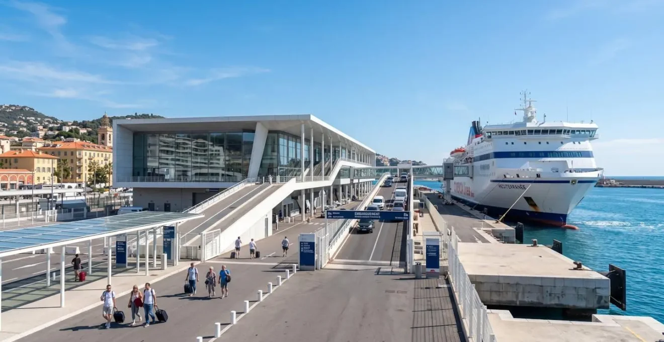 Port maritime méditerranéen contemporain avec un grand ferry blanc amarré sous un ciel bleu éclatant