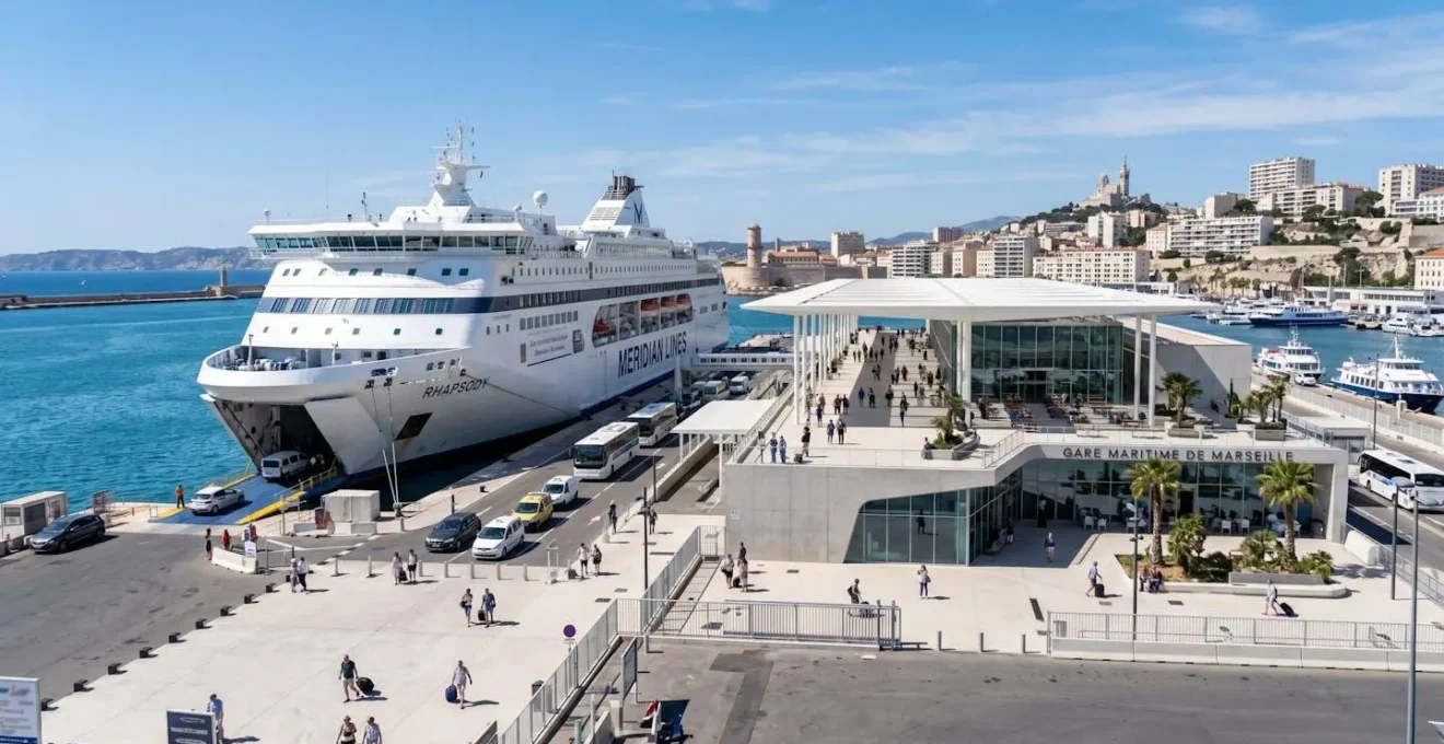 Port maritime méditerranéen contemporain avec un grand ferry blanc amarré sous un ciel bleu éclatant