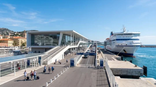 Port maritime méditerranéen contemporain avec un grand ferry blanc amarré sous un ciel bleu éclatant