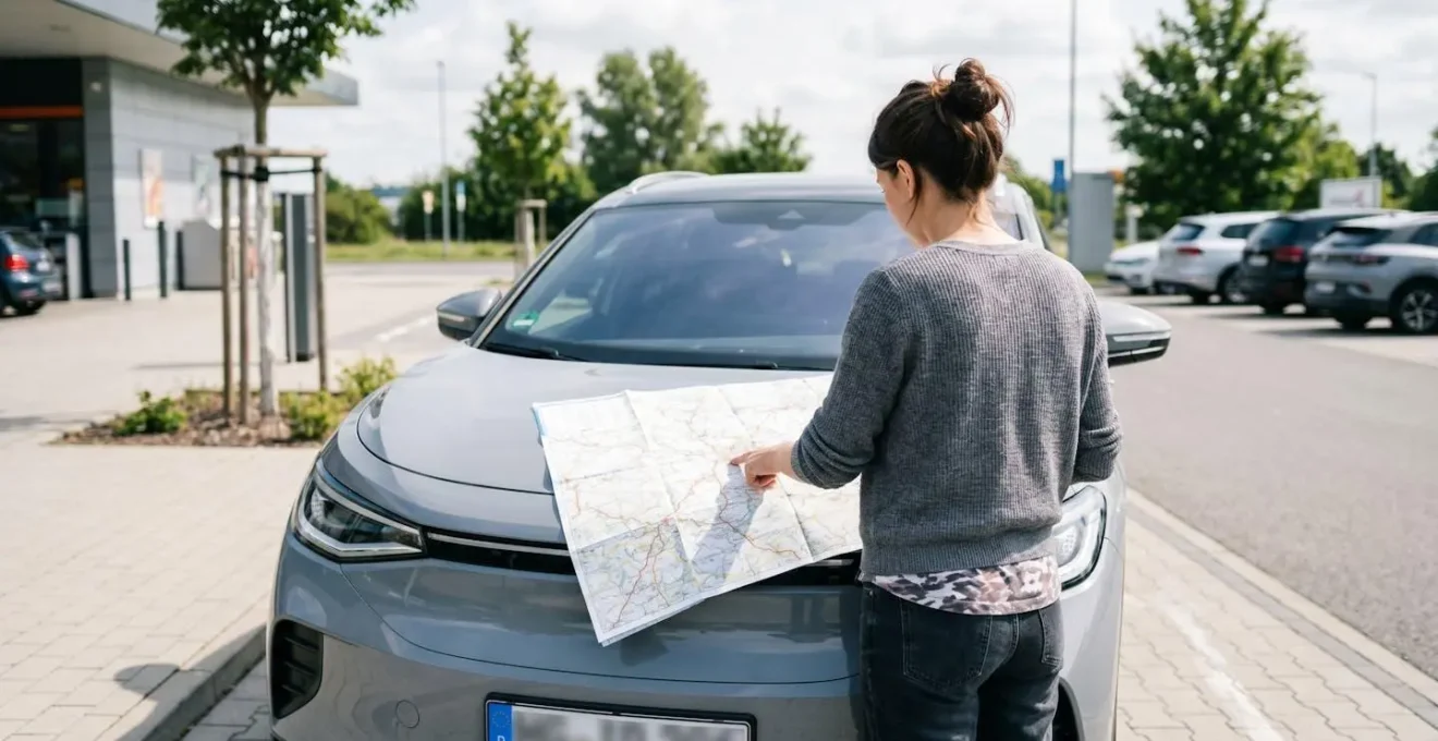 Voyageur vu de dos penché sur une carte routière dépliée posée sur le capot d'une voiture dans un parking moderne