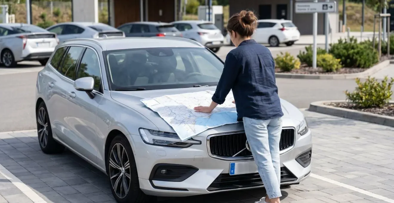 Voyageur vu de dos penché sur une carte routière dépliée posée sur le capot d'une voiture dans un parking moderne
