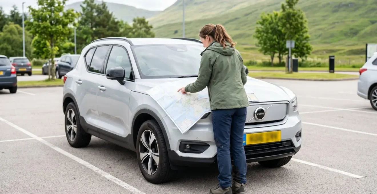 Voyageur vu de dos penché sur une carte routière dépliée posée sur le capot d'une voiture dans un parking moderne